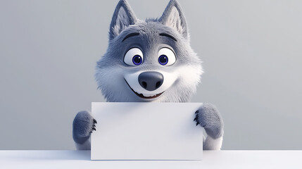 A cartoon wolf character happily holds a blank sign, inviting creativity or messages.