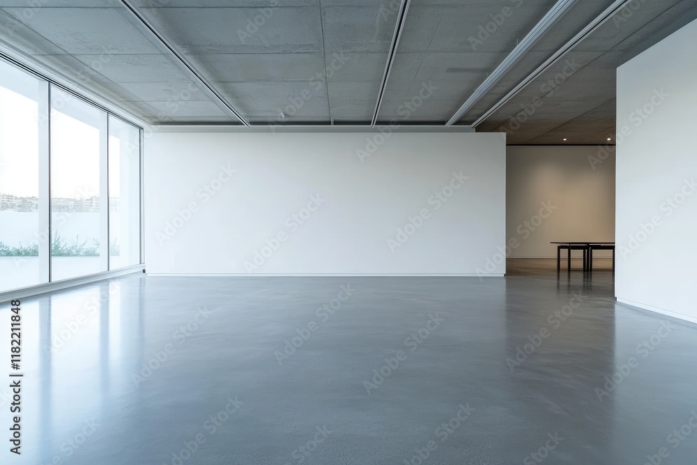 Poster a large, white wall in an empty room with concrete floors and windows. the space has a modern art ga