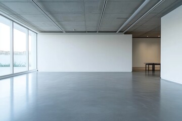 A large, white wall in an empty room with concrete floors and windows. The space has a modern art gallery aesthetic, with a minimalistic design and gray floor, perfect for mockups and displays