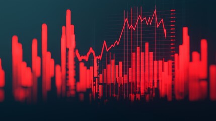 Fototapeta premium A digital representation of financial data, featuring a red color scheme, showcasing fluctuating graphs and bar charts.