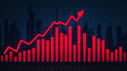 A red upward graph against a dark city skyline, symbolizing growth, progress, and financial success in a dynamic market.