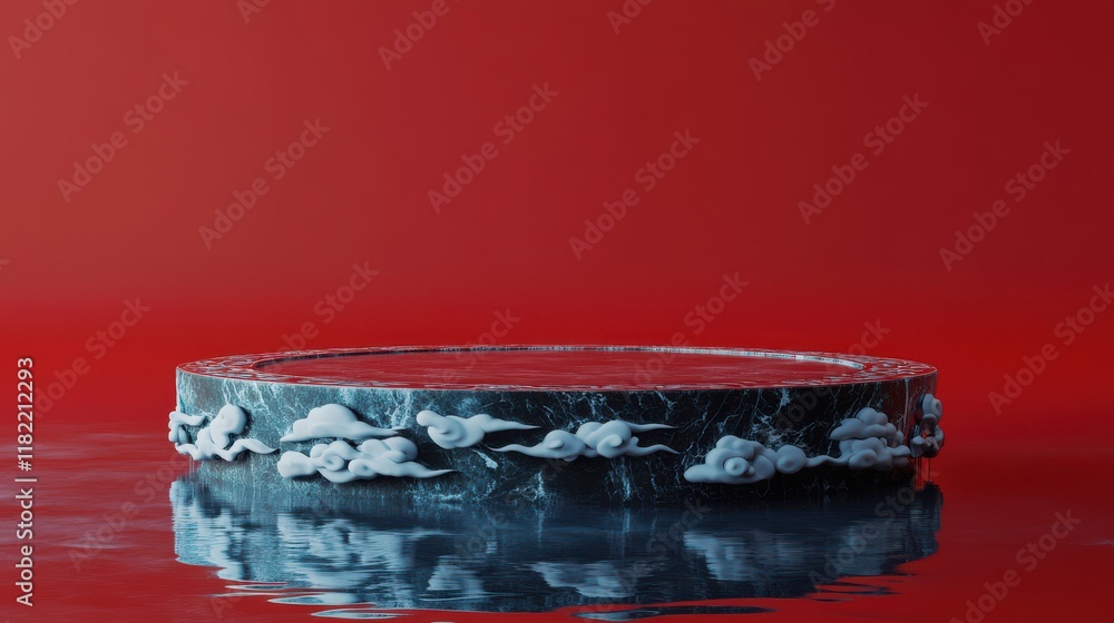 Poster intricate circular podium with chinese cloud patterns studio setting reflective water surface