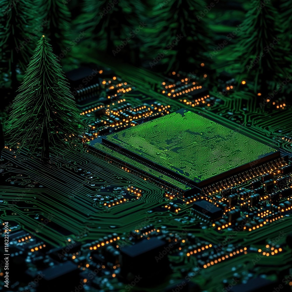 Poster a close-up view of a green circuit board adorned with small, illuminated components resembling a for
