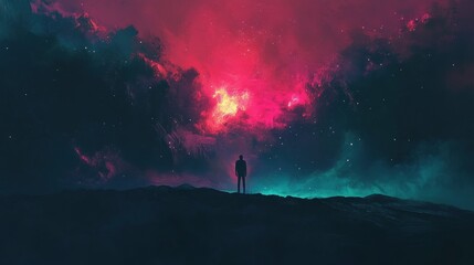 Solitary Figure Gazing at a Cosmic Nebula Landscape