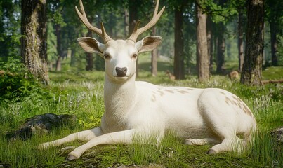 White deer resting in sunlit forest clearing.