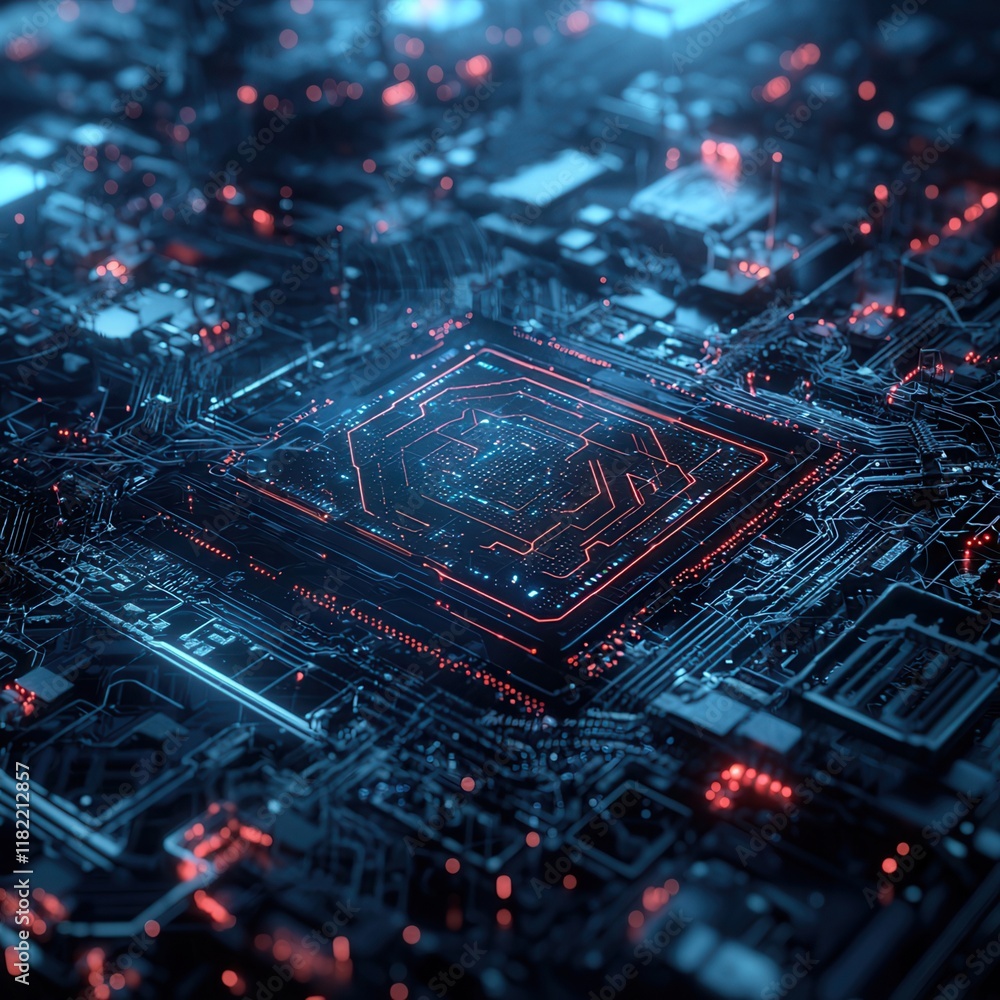 Poster a futuristic circuit board with glowing elements, showcasing intricate details and a vibrant color s