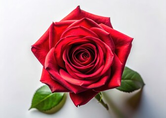 A breathtaking drone image: one red rose, perfectly isolated against a pure white backdrop.  High-resolution detail.