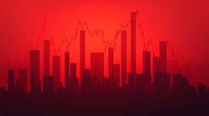 A stylized city skyline silhouette against a vibrant red background, featuring graph lines that suggest financial trends or stock market activity.