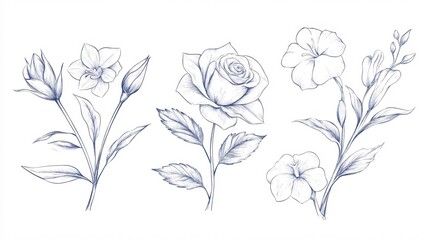 Elegant Floral Sketches Featuring Various Flower Types and Botanical Elements