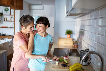 Lesbian couple making healthy organic smoothie together in modern kitchen