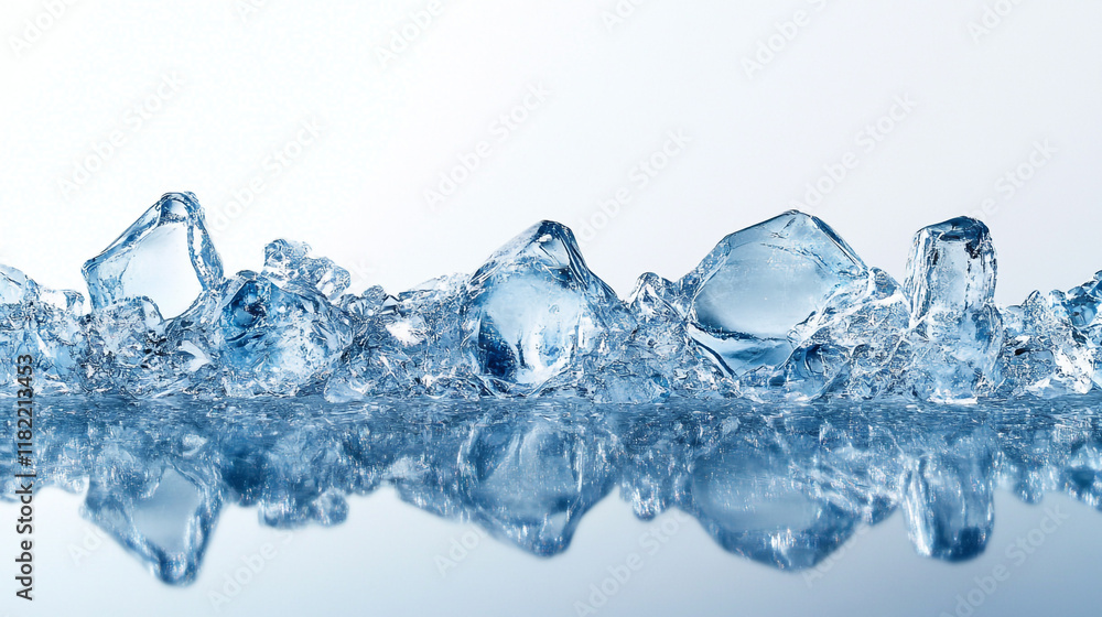 Poster clear ice chunks reflecting light against a bright background in a minimalist setting