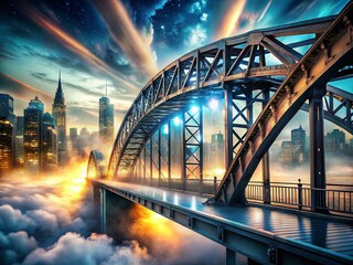 Obraz premium Surreal Night Steel Bridge: Ethereal Glow, Dreamlike Cityscape