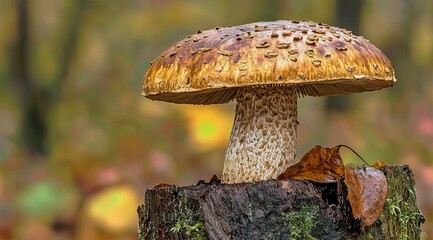 Fototapeta premium Wild mushroom growing on a mossy stump in an autumn forest.