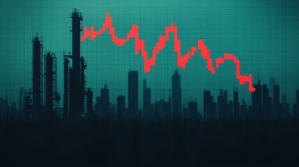Fototapeta premium A digital illustration of a city skyline with factories and a downward trend line graph in red, symbolizing economic decline or market downturn.