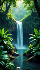 Lush tropical plants surround a serene waterfall in the jungle, exotic, trees