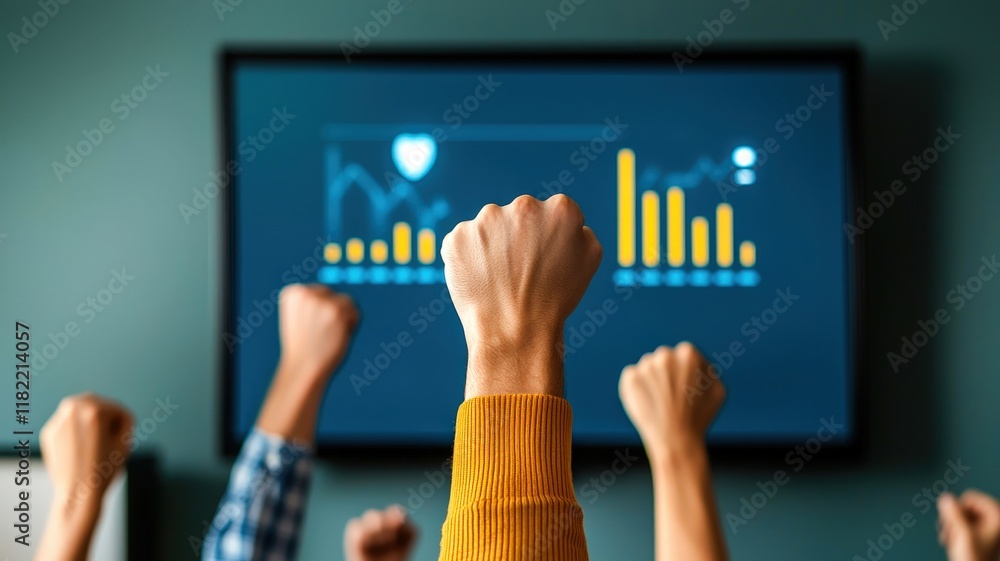 Poster a group of raised fists celebrates a successful presentation, with a digital screen displaying color