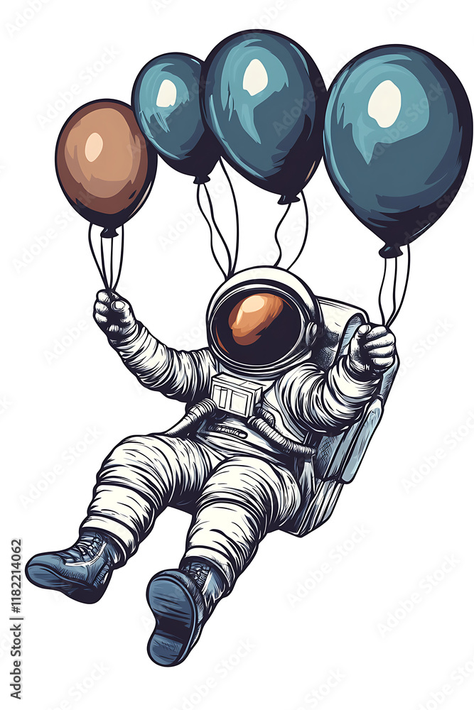 Poster an astronaut is floating while holding colorful balloons, creating a whimsical scene.