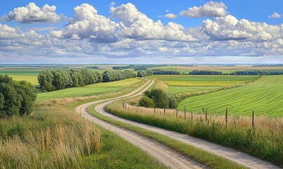 Winding dirt road through vibrant summer fields under a cloudy blue sky.