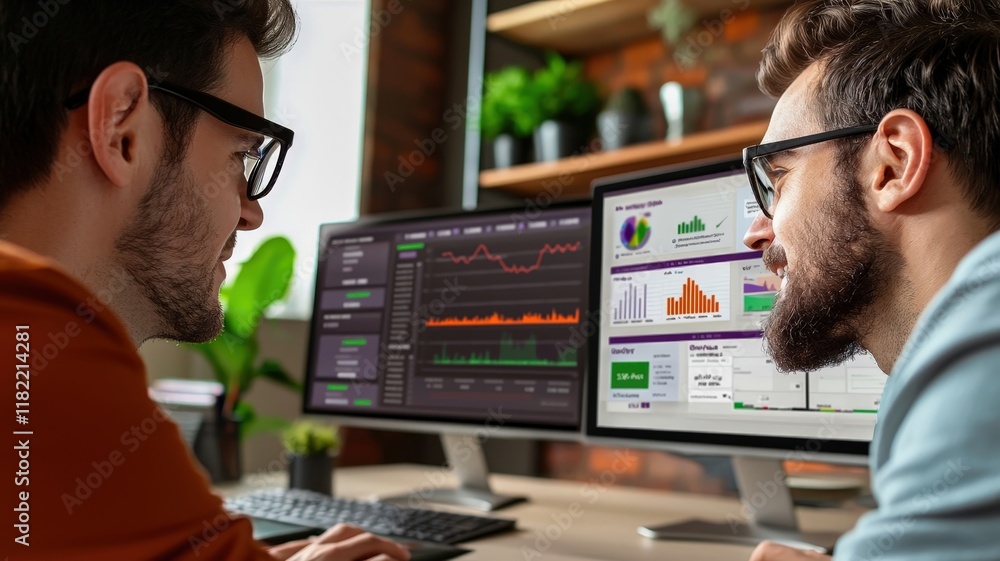 Poster two men analyze data on computer screens, showcasing graphs and charts in a modern workspace with gr