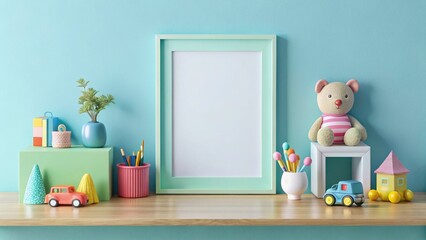 A geometric wall backdrop enhances a colorful collage within a playful pastel blue shelf display.