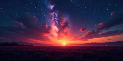 Meteors blaze across a darkened field at dawn, landscape, blazing