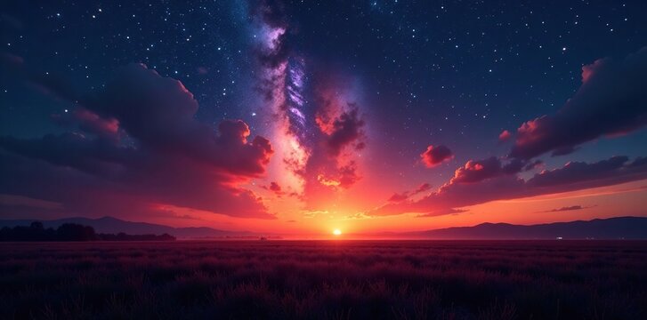 Meteors blaze across a darkened field at dawn, landscape, blazing