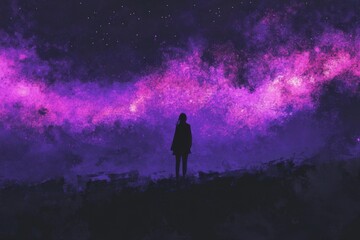 Fototapeta premium Solitary Figure Gazing at a Purple Cosmic Sky