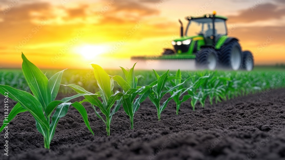 Poster a vibrant sunset illuminates a green field with rows of crops, while a tractor works in the backgrou