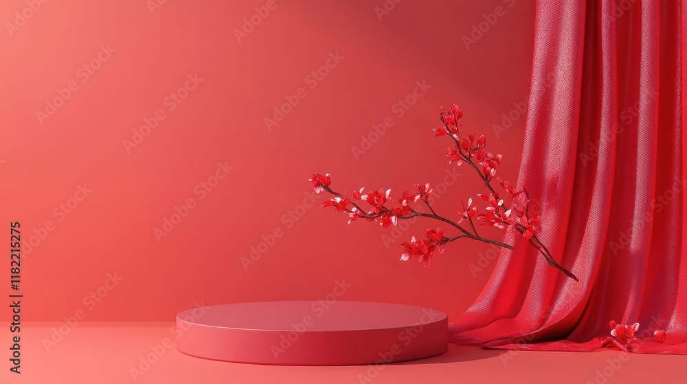 Poster circular podium with minimalist red decorations studio setting clay surface smooth gradient backgrou