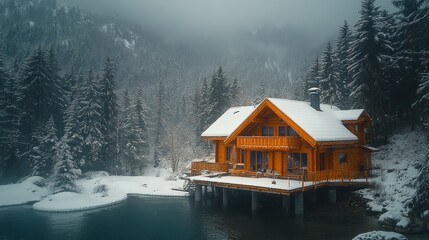 Fototapeta premium Snowy wooden chalet by a frozen lake nestled in a winter forest.