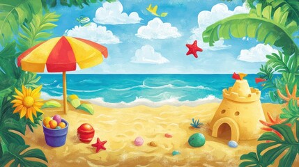 Tropical beach scene kids' sandcastle, toys, umbrella