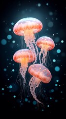Enchanting Group of Glowing Pink Jellyfish Underwater Bioluminescent Marine Life