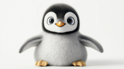 A baby penguin in a soft fluffy cartoon style sitting with its flippers stretched forward large expressive eyes