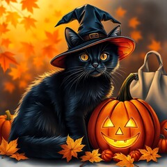 Cute Black Kitten in Witch Hat with Jack o lantern Autumn Leaves Halloween