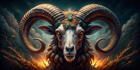 Surreal Ram Skull Head: Mystical Creature with Horns, Dark Fantasy Art
