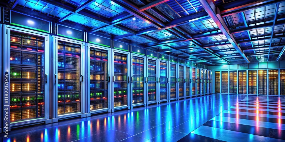 Poster cybersecure data center: aerial perspective showcases 3d server racks and robust digital protection.