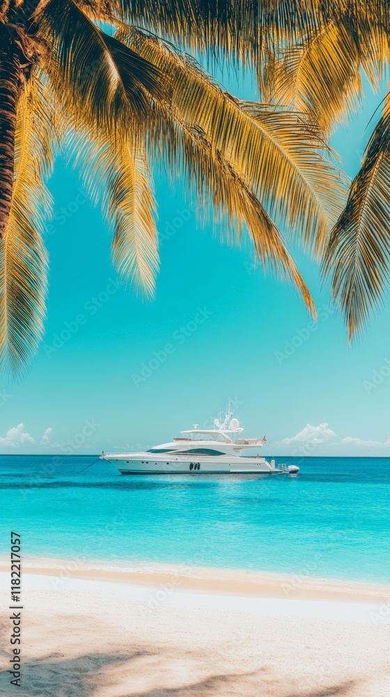 Poster palm trees framing a luxurious yacht moored in a serene turquoise bay, creating an idyllic tropical 
