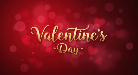 Valentine's Day Red Bokeh: Elegant gold lettering spelling "Valentine's Day" set against a backdrop of soft red bokeh hearts, perfect for romantic greeting cards and social media posts.