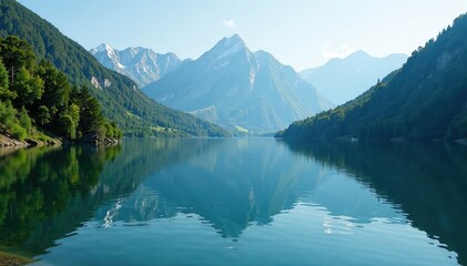 Fototapeta premium Reflections of a serene lake on the still surface of a mountain river, reflection, calm, natural