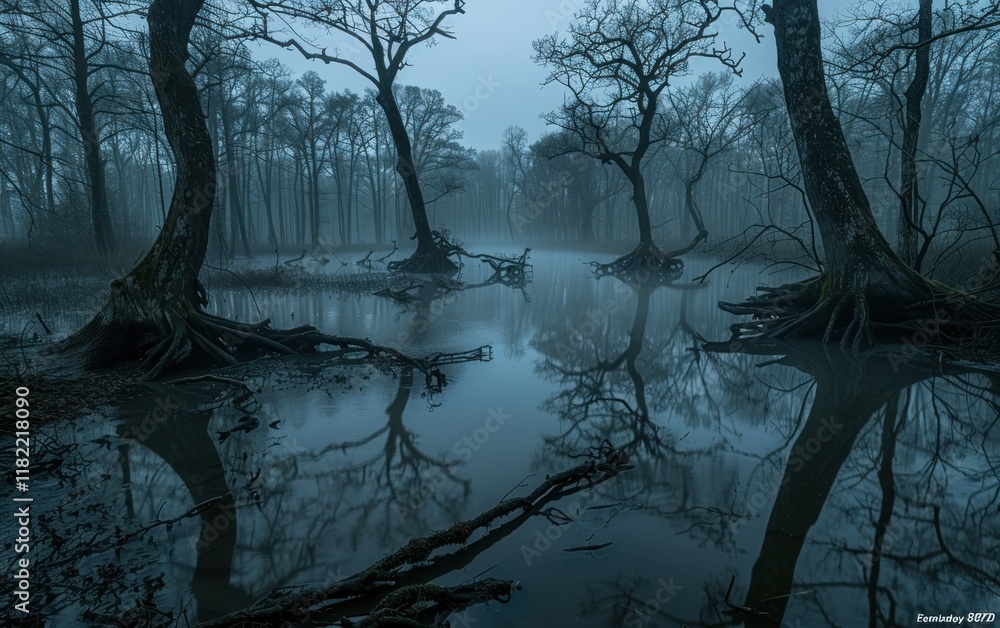 Poster gnarled trees loom over murky waters in a foggy swamp, creating an unsettling atmosphere filled with
