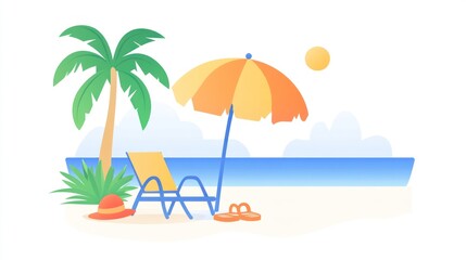 Beach scene with chair, umbrella, hat, and sandals near sea under sun for travel ads