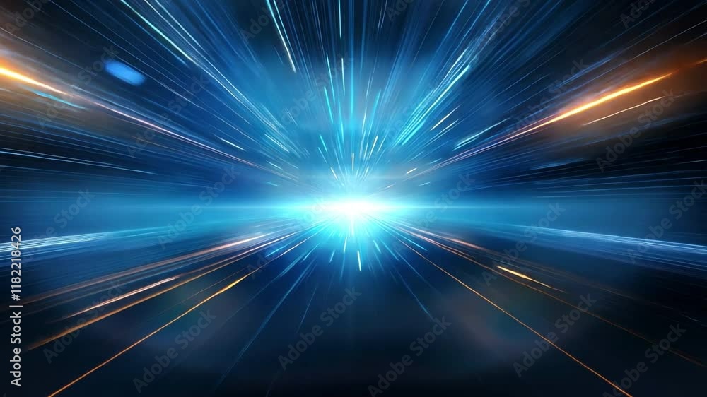 Poster speed of light: abstract blue and orange light streaks converge on a central white glow, simulating 
