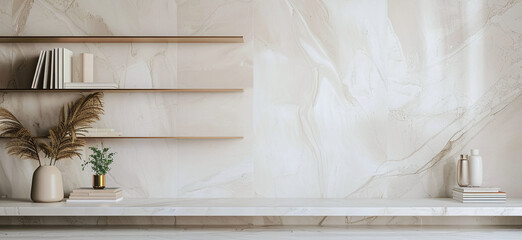 High-end office interior backdrop for online meetings with marble wall cladding. Luxury home office setting bookshelves background with porcelain textures. Minimalist online workspace luxe aesthetics.