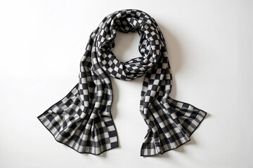 neck scarf in black and white checkerboard pattern on white background