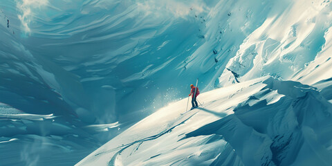 A lone figure stands on a snowy mountain slope amidst vast towering ice formations