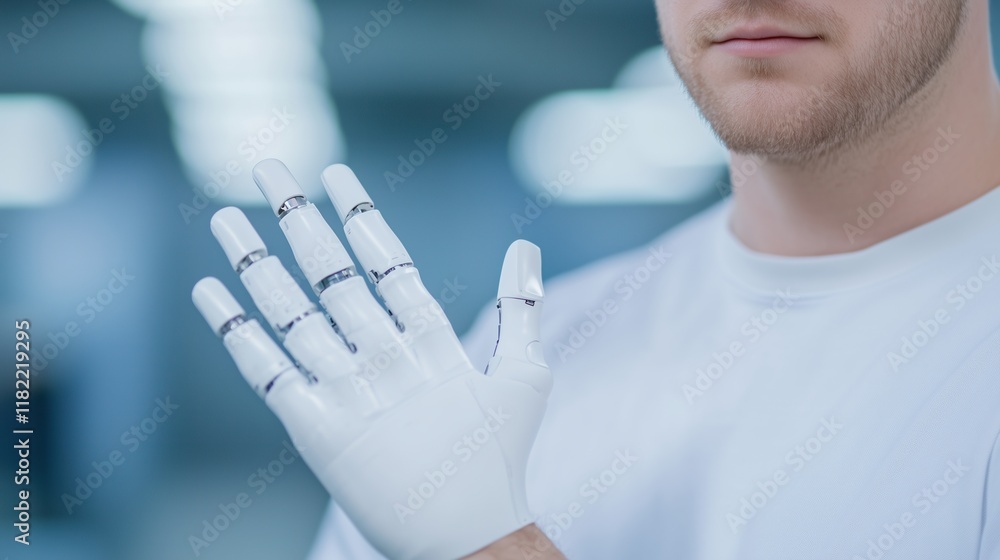 Poster engineer examining advanced prosthetic hand in modern laboratory setting with focus on innovative as
