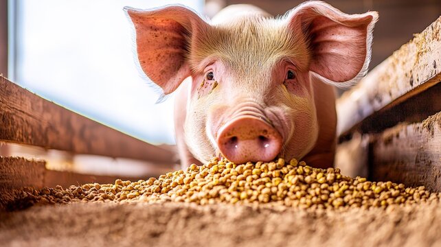 A close-up of a pig eating feed in a barn, showcasing its curious expression and the texture of the feed scattered around.