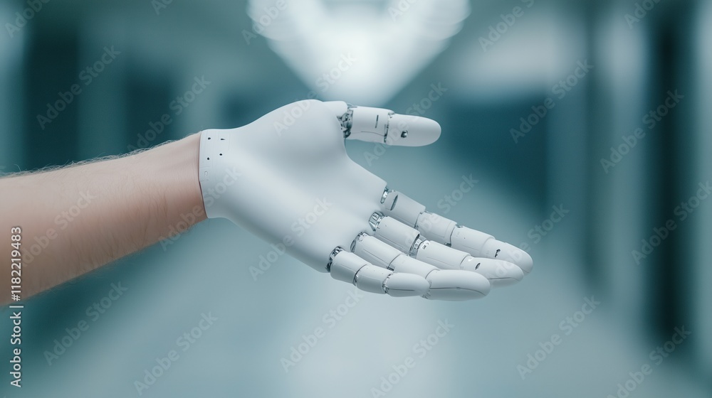 Poster engineer with prosthetic hand reaching out in a futuristic corridor setting illustrating modern assi