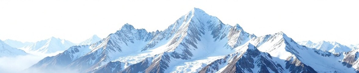 Snowy mountain peaks rise above a serene landscape against a stark white background, elevation, snowpeak