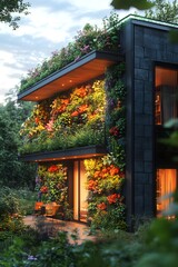A vibrant virtual tour of an eco-friendly futuristic home with solar panels, lush vertical gardens, and soft sunset lighting. Ideal for promoting sustainable living and renewable energy projects.
